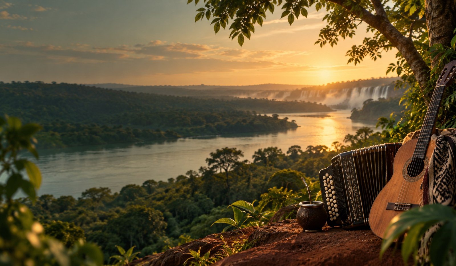 Paisaje misionero con guitarra y acordeón, símbolo de la música popular de la provincia